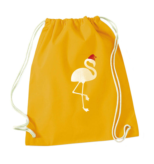 Pink flamingo santa mustard drawstring bag