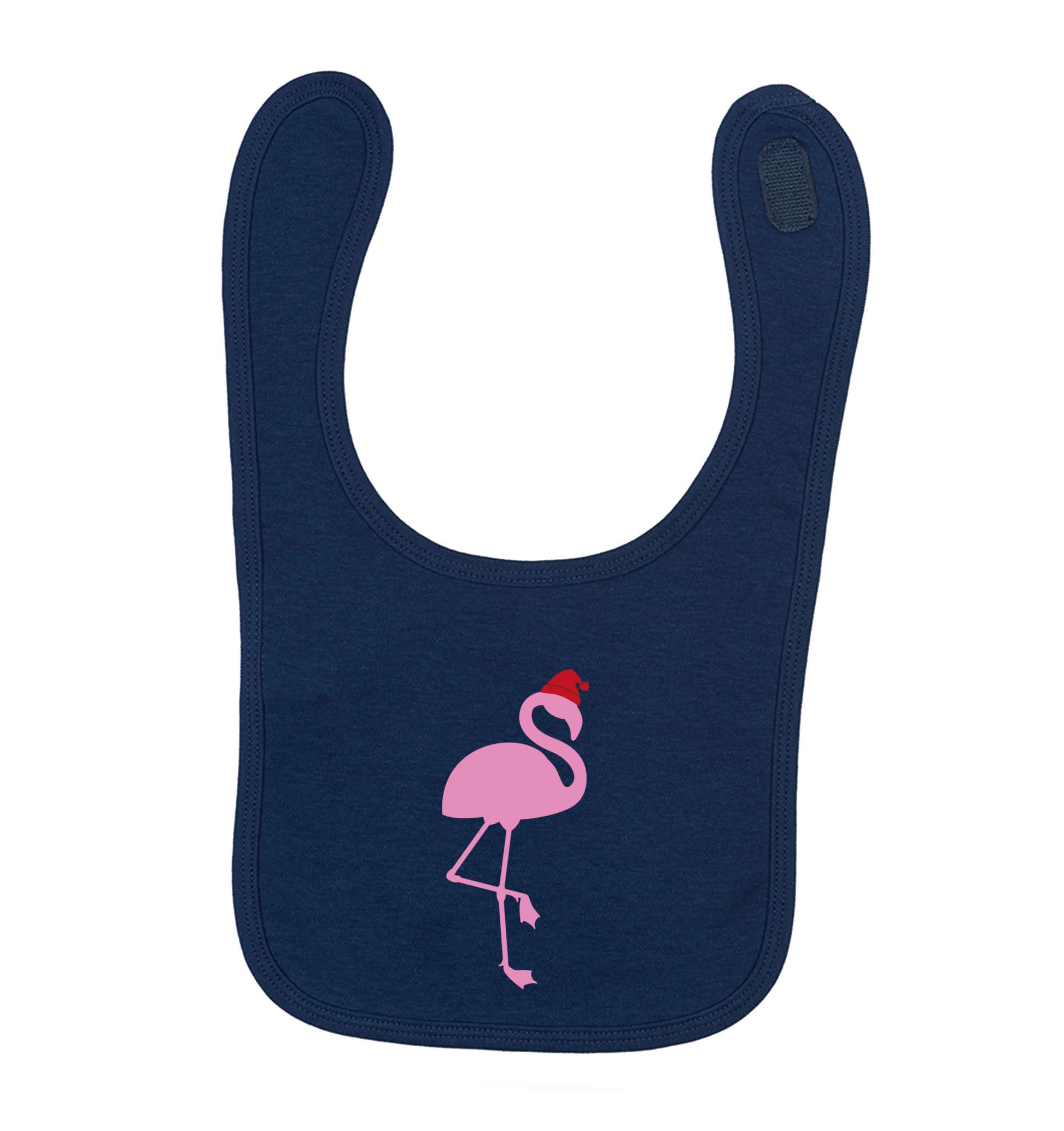 Pink flamingo santa navy baby bib