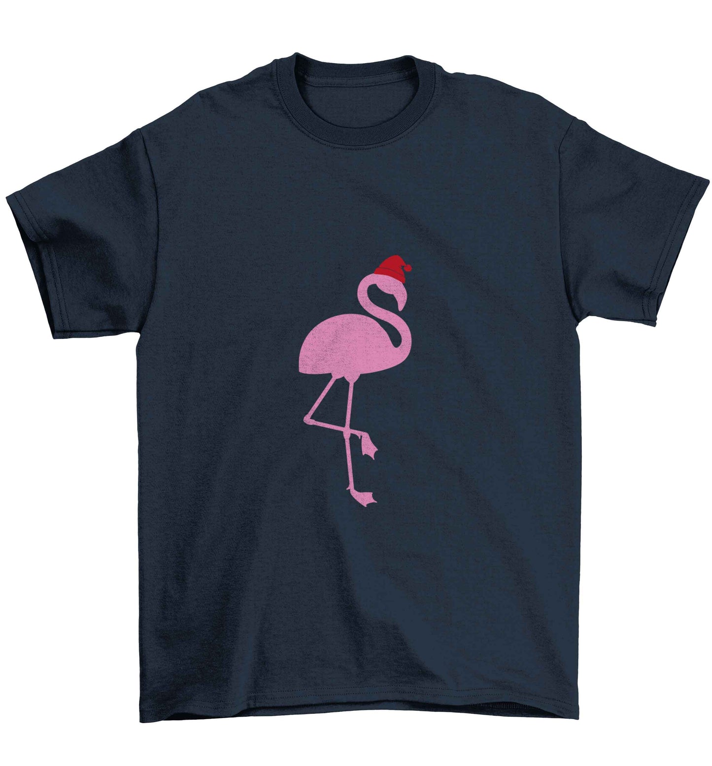 Pink flamingo santa Children's navy Tshirt 12-13 Years