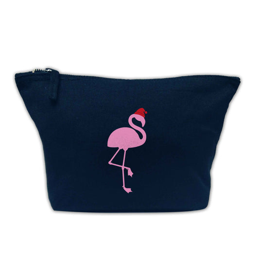 Pink flamingo santa navy makeup bag