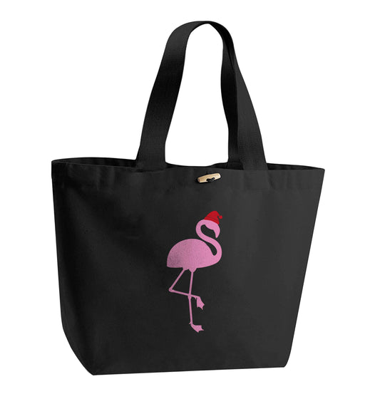 Pink flamingo santa organic cotton premium tote bag with wooden toggle in black