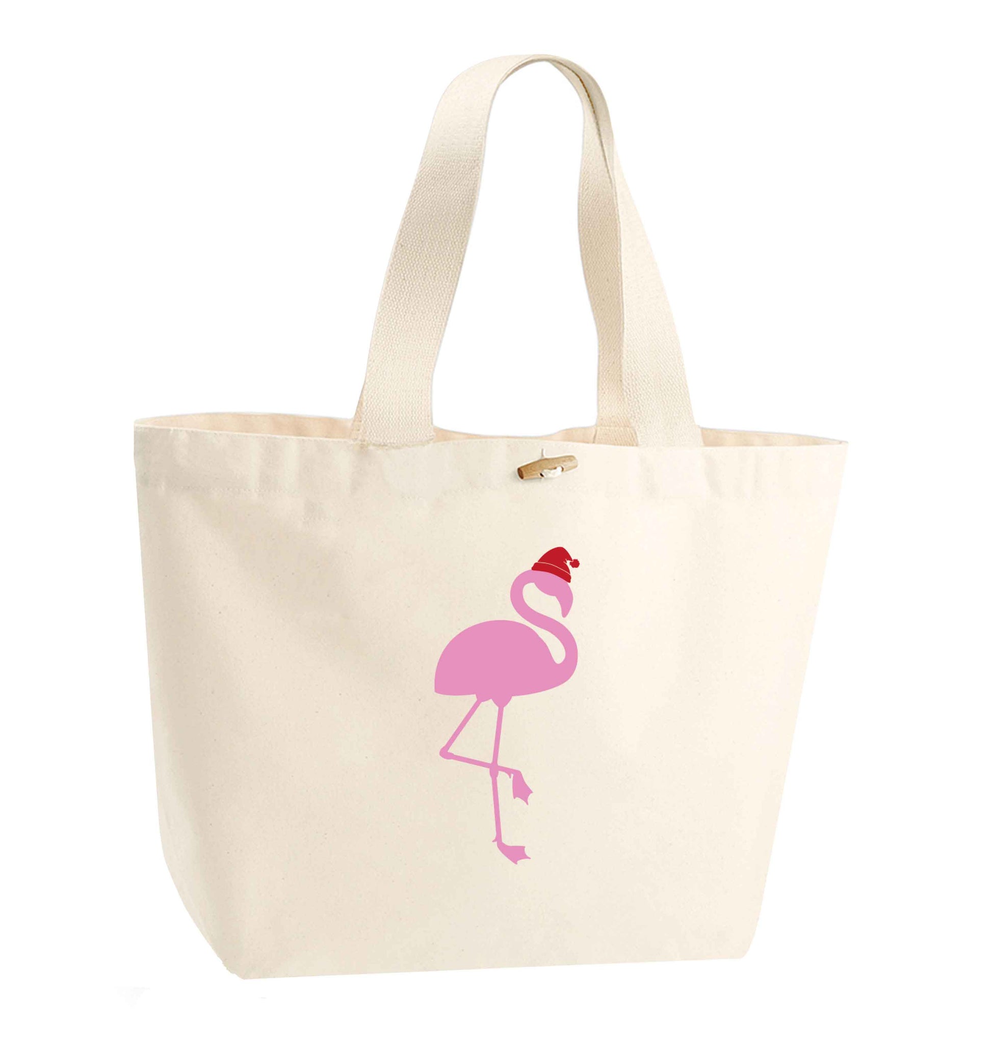 Pink flamingo santa organic cotton premium tote bag with wooden toggle in natural