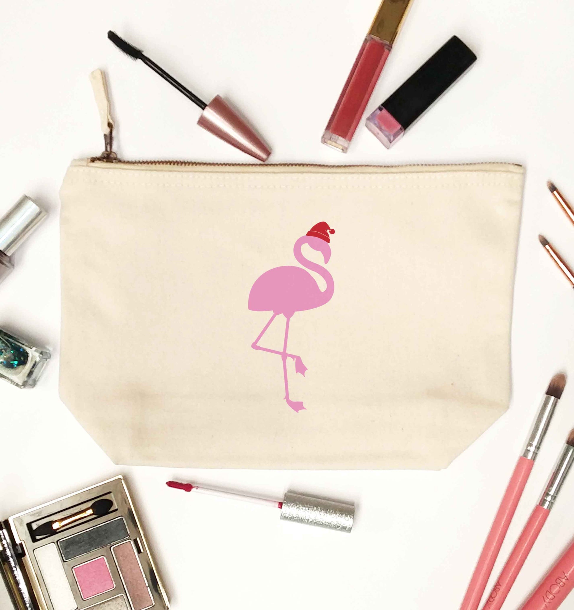 Pink flamingo santa natural makeup bag