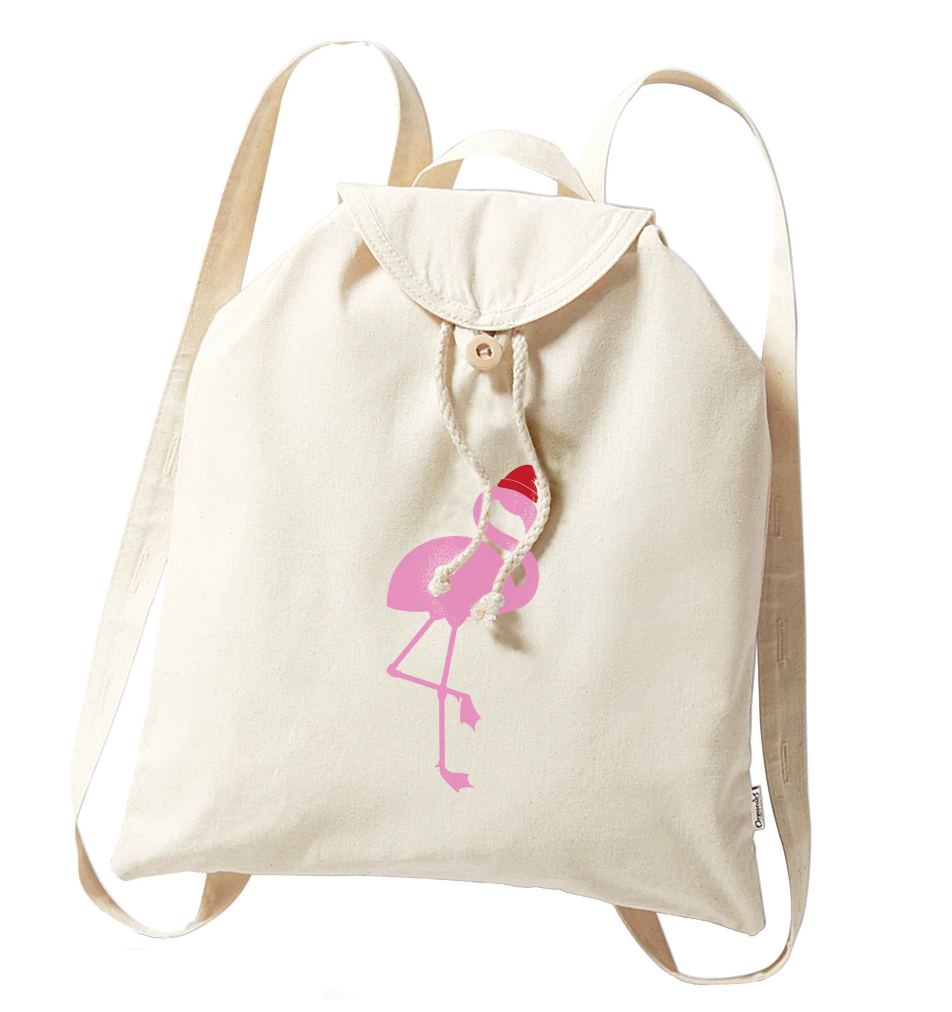Pink flamingo santa organic cotton backpack tote with wooden buttons in natural