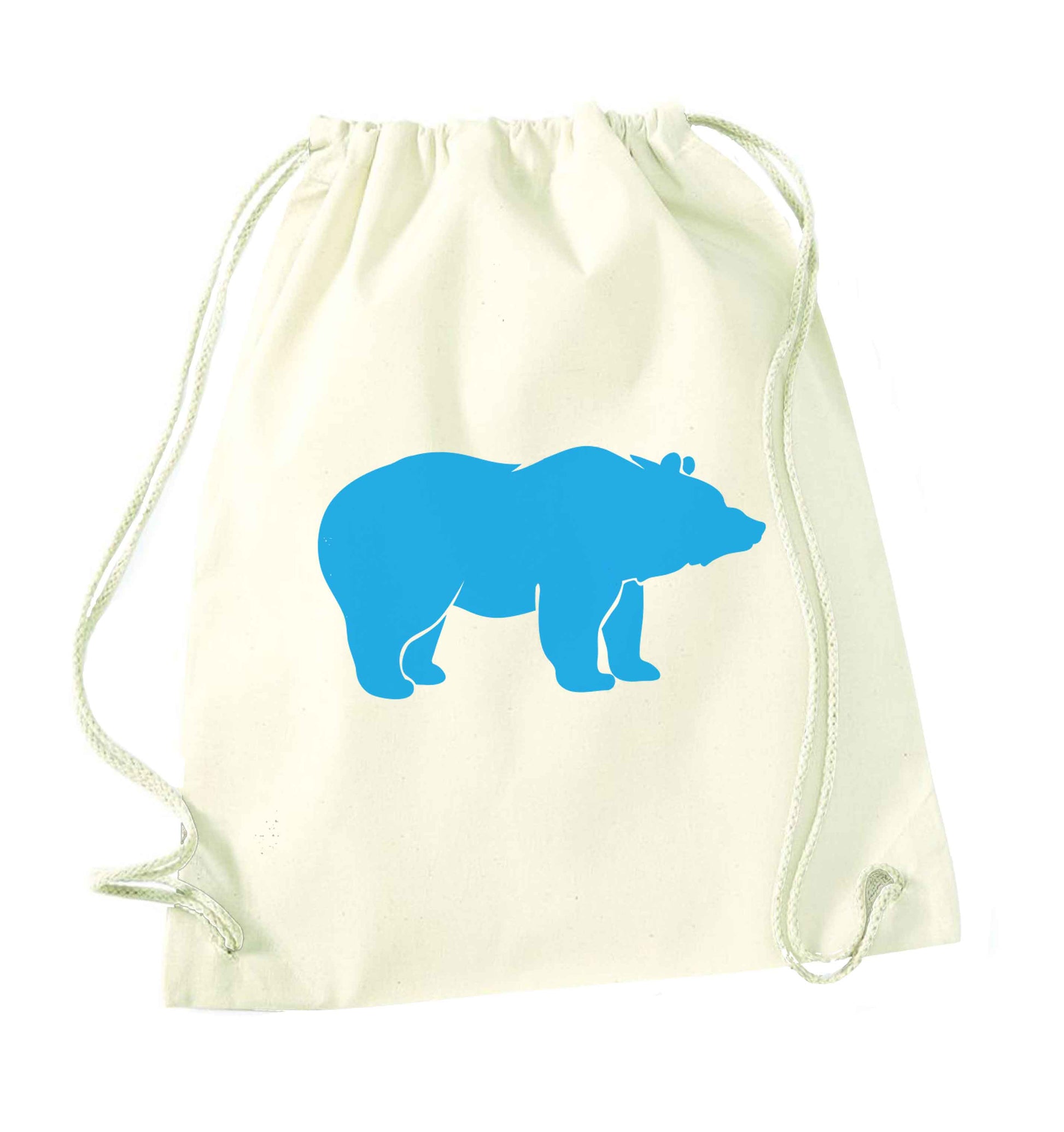 Blue bear natural drawstring bag