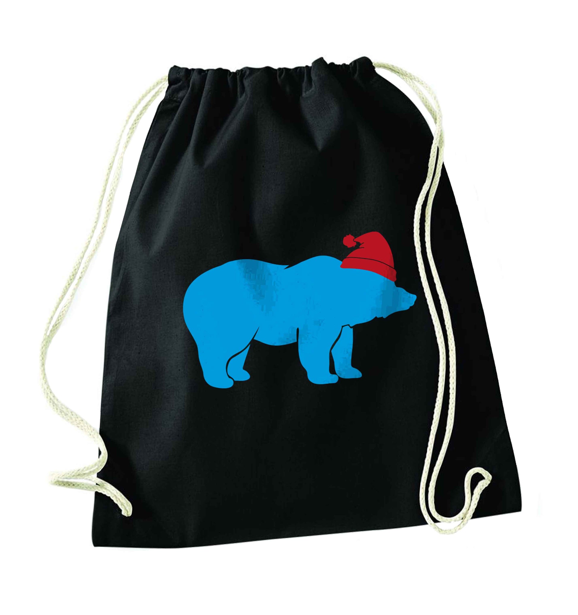 Blue bear Santa black drawstring bag