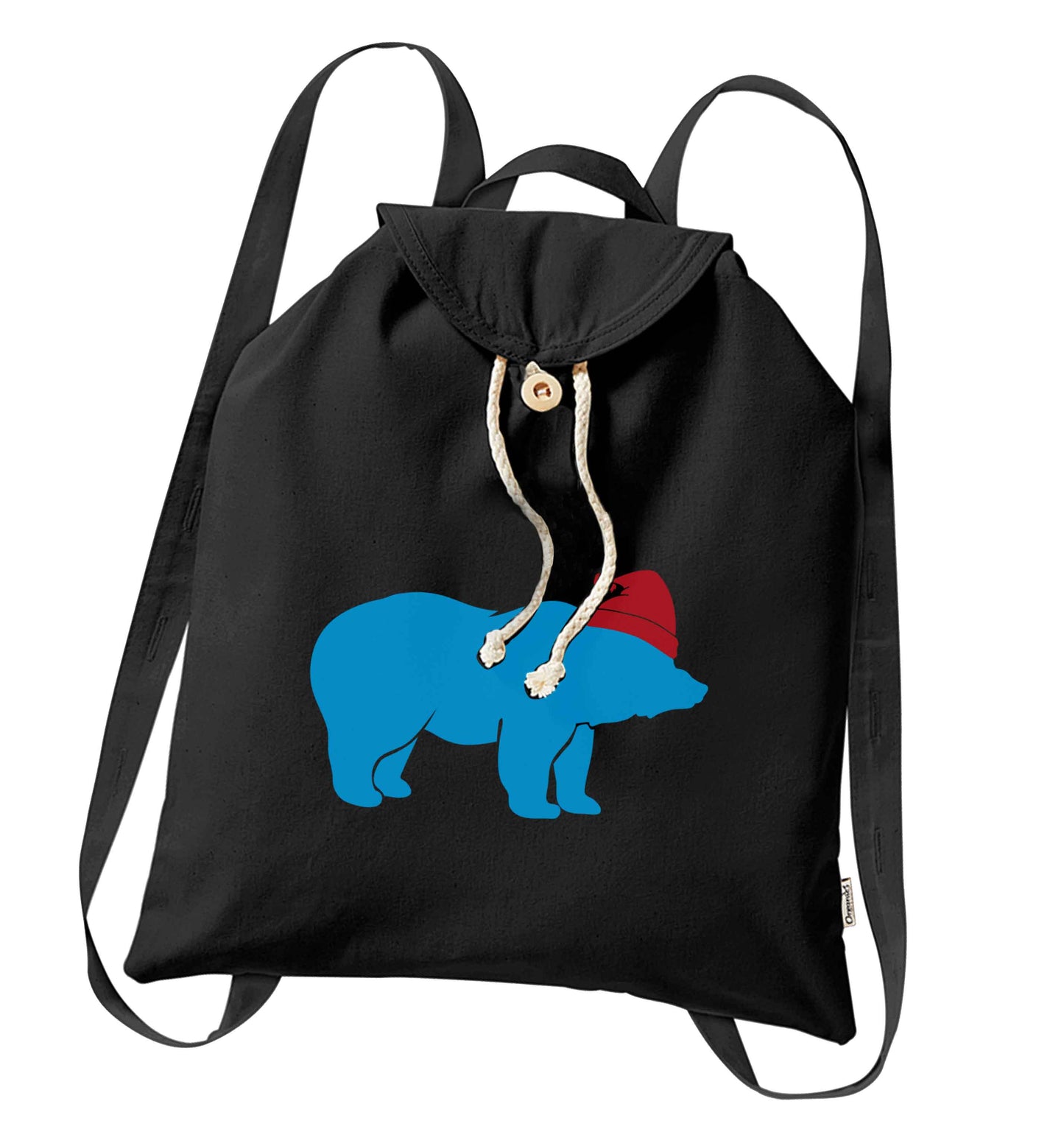 Blue bear Santa organic cotton backpack tote with wooden buttons in black