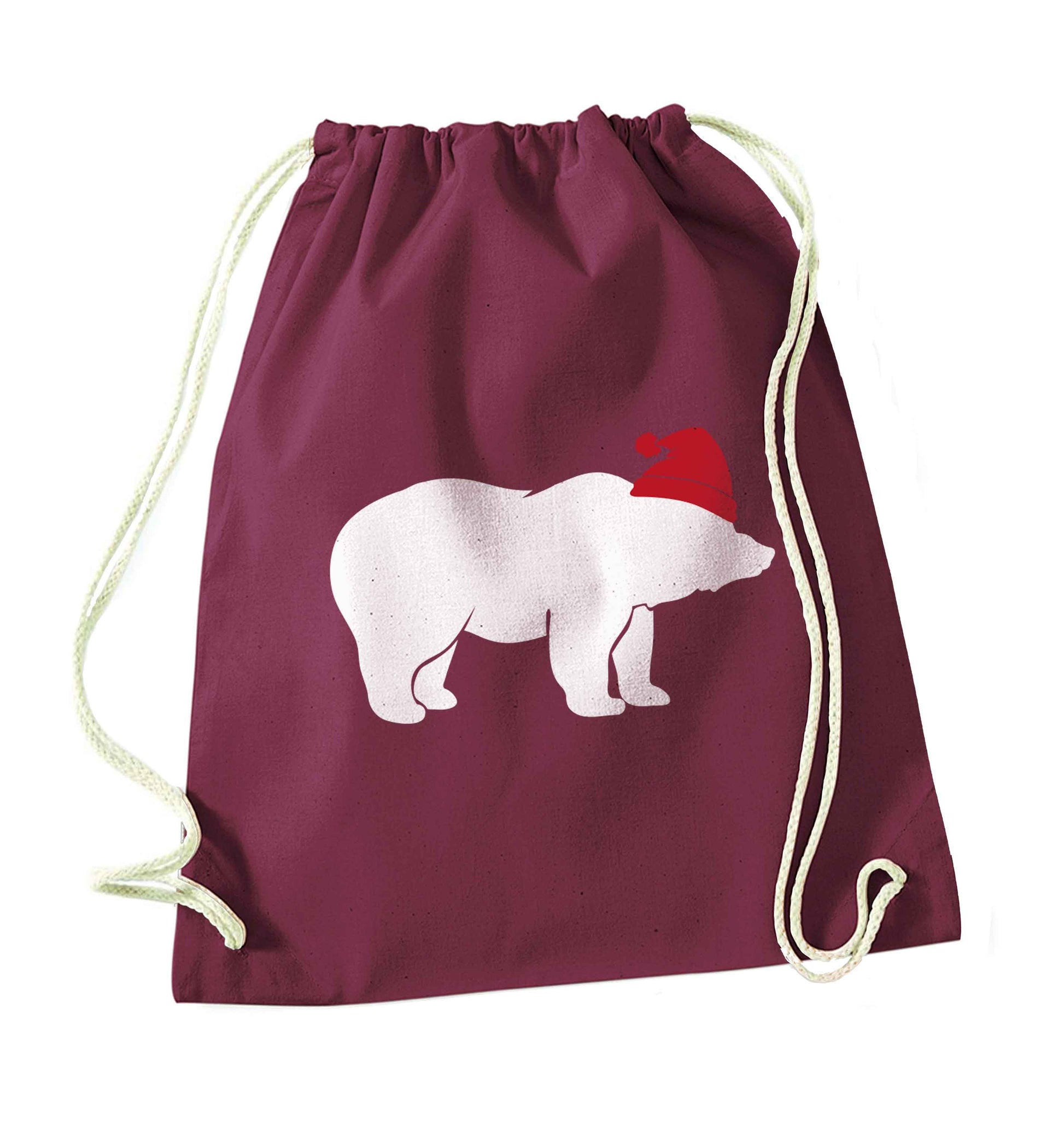 Blue bear Santa maroon drawstring bag