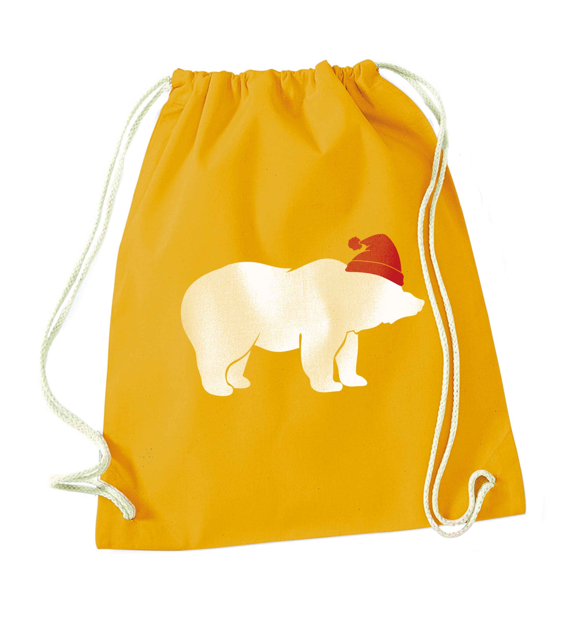 Blue bear Santa mustard drawstring bag