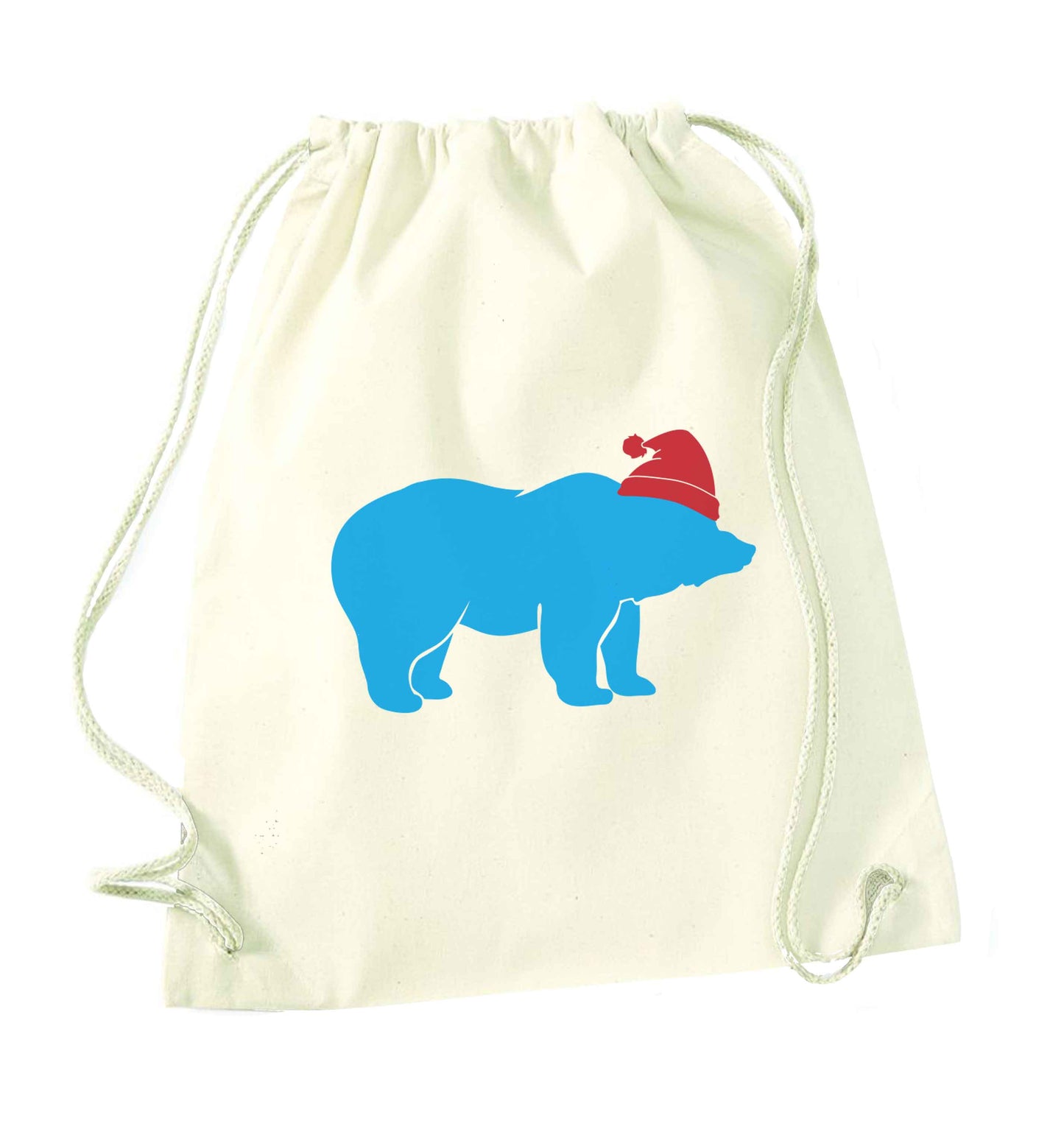 Blue bear Santa natural drawstring bag