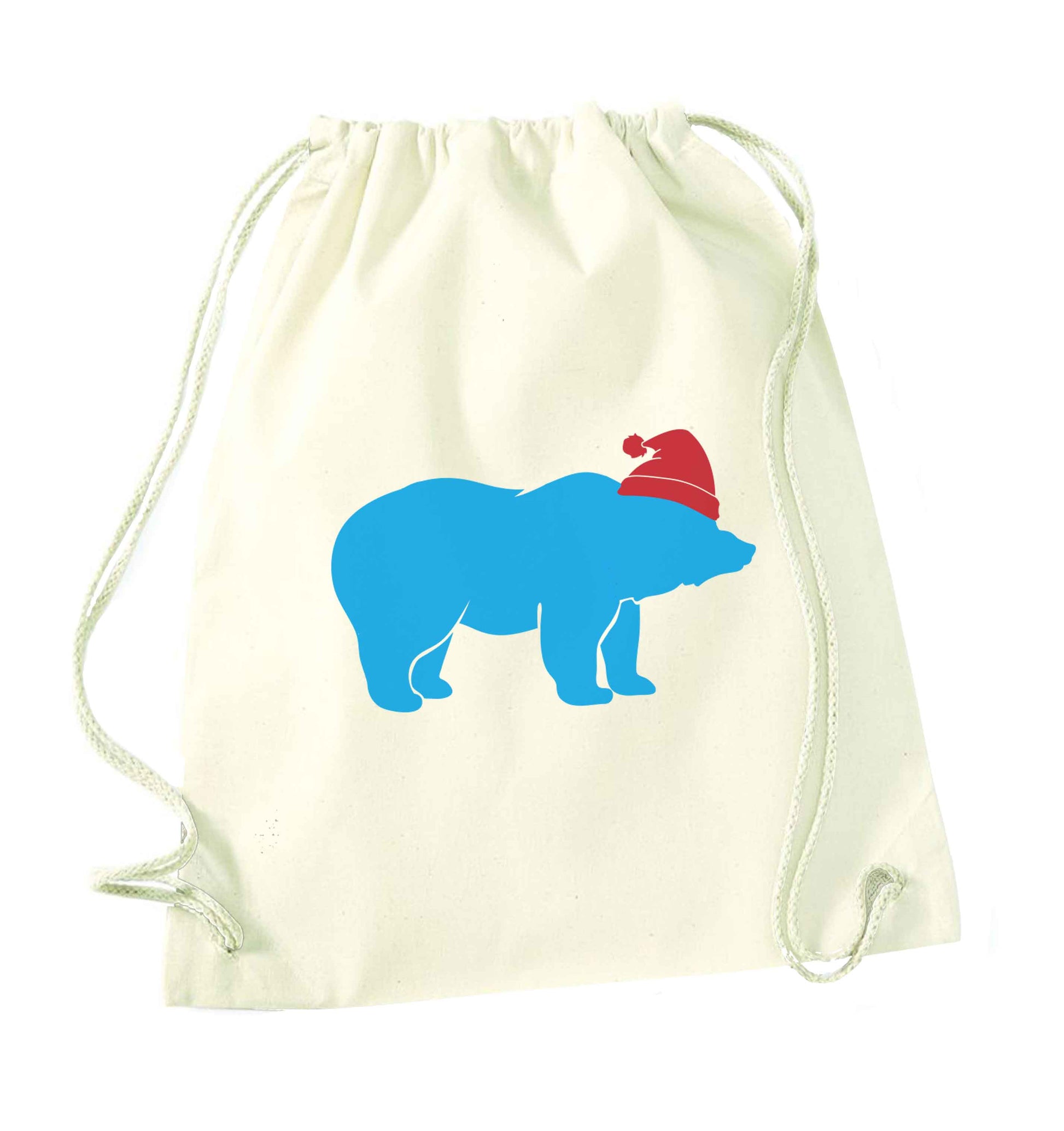 Blue bear Santa natural drawstring bag
