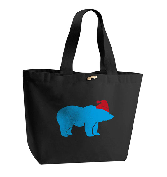 Blue bear Santa organic cotton premium tote bag with wooden toggle in black