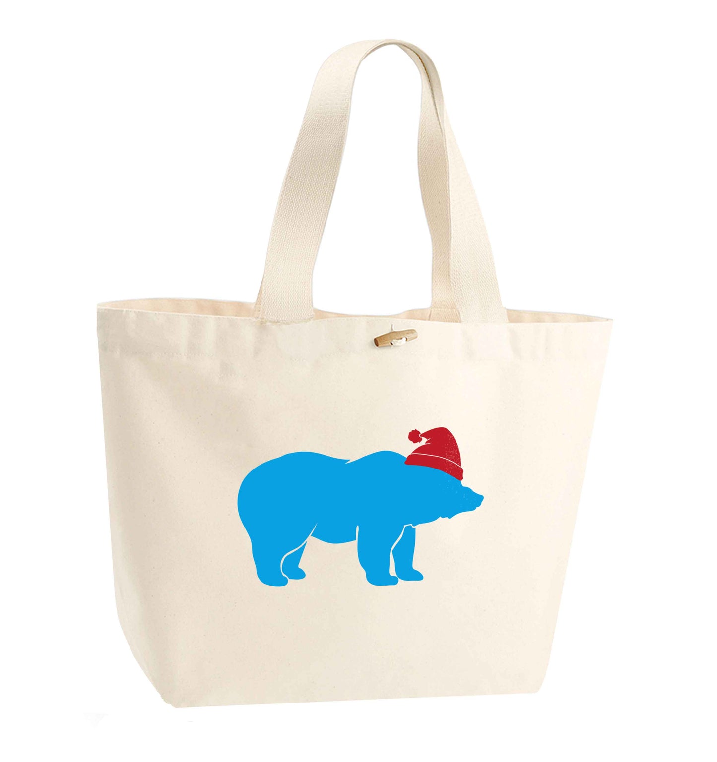 Blue bear Santa organic cotton premium tote bag with wooden toggle in natural