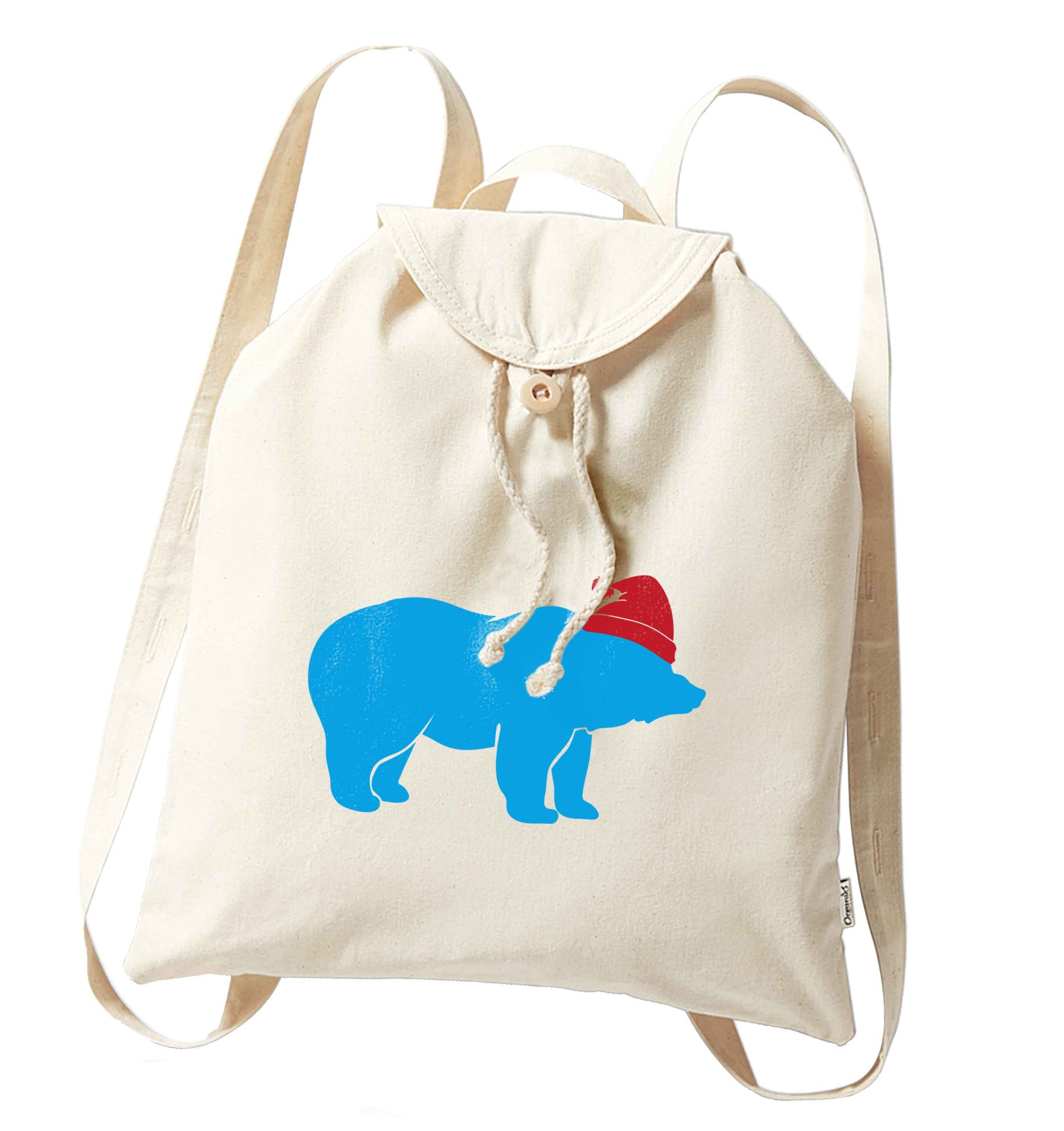 Blue bear Santa organic cotton backpack tote with wooden buttons in natural