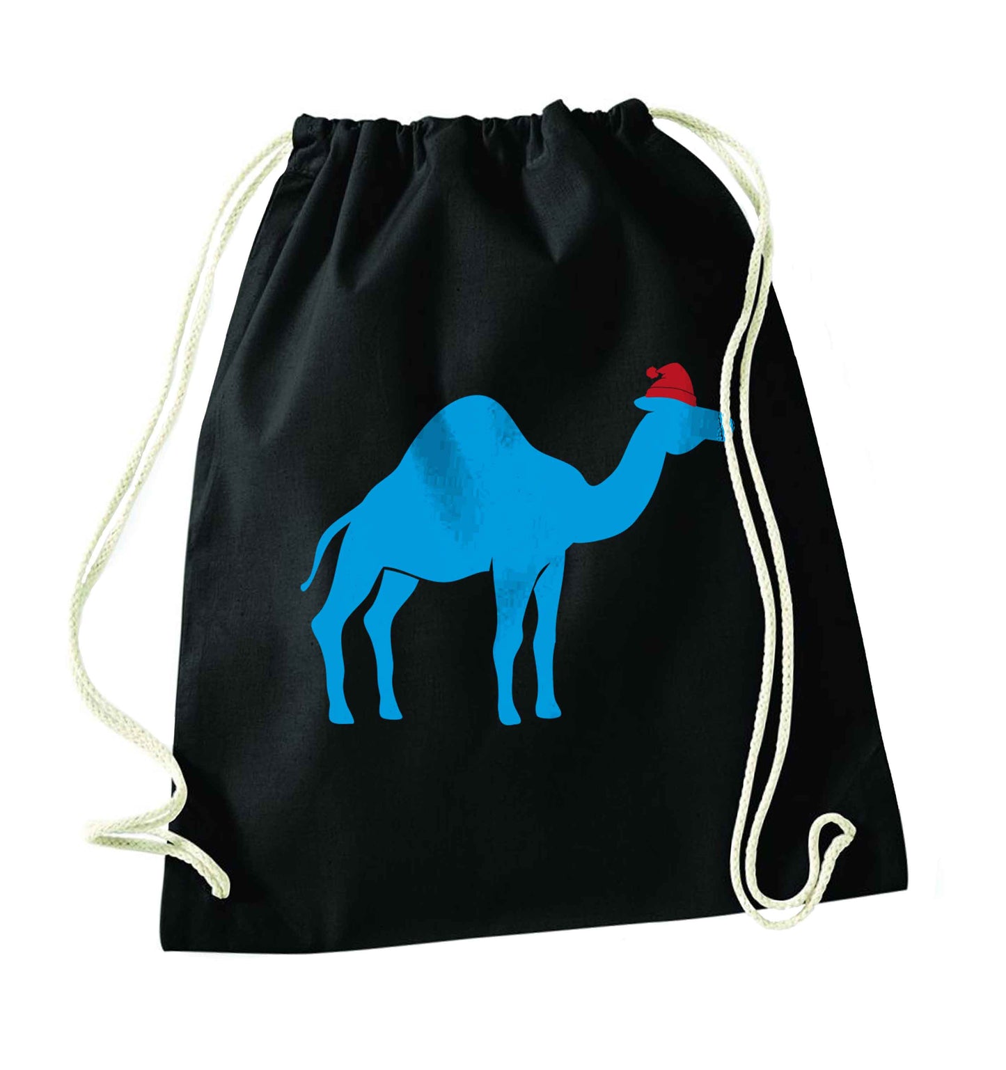 Blue camel santa black drawstring bag