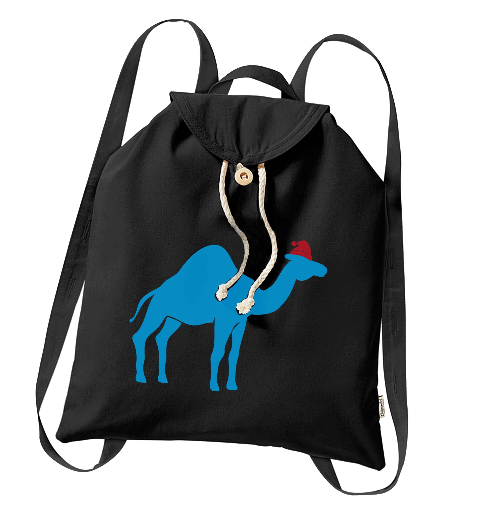 Blue camel santa organic cotton backpack tote with wooden buttons in black