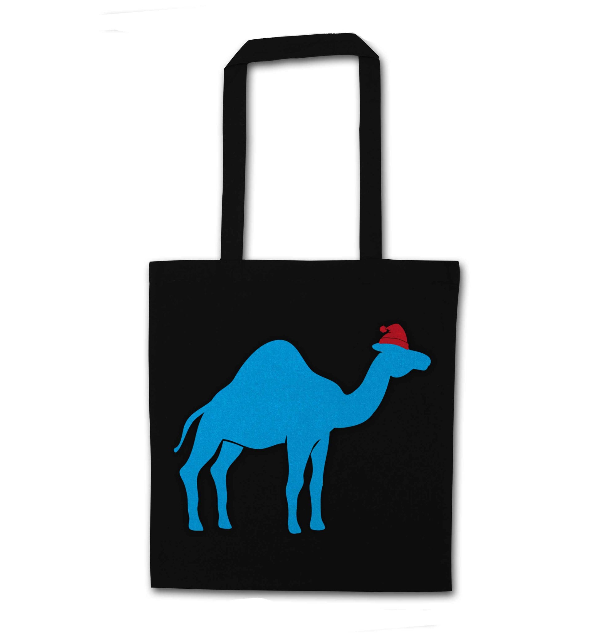 Blue camel santa black tote bag