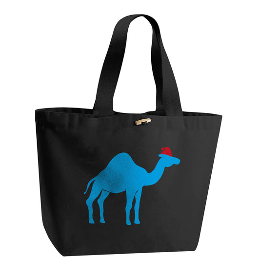 Blue camel santa organic cotton premium tote bag with wooden toggle in black
