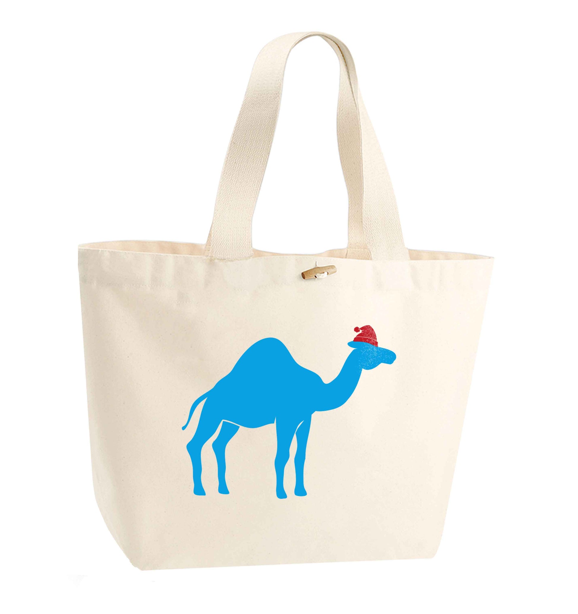 Blue camel santa organic cotton premium tote bag with wooden toggle in natural