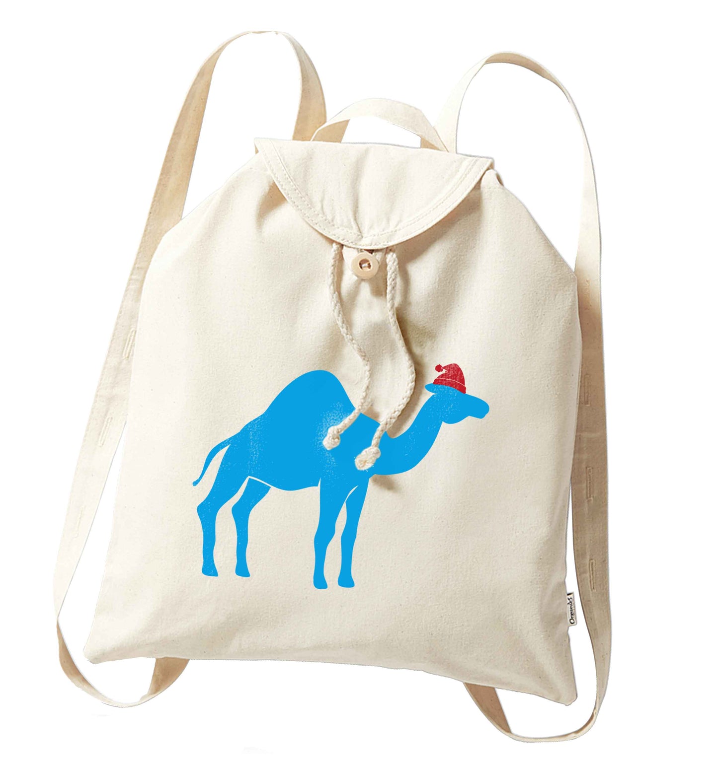 Blue camel santa organic cotton backpack tote with wooden buttons in natural
