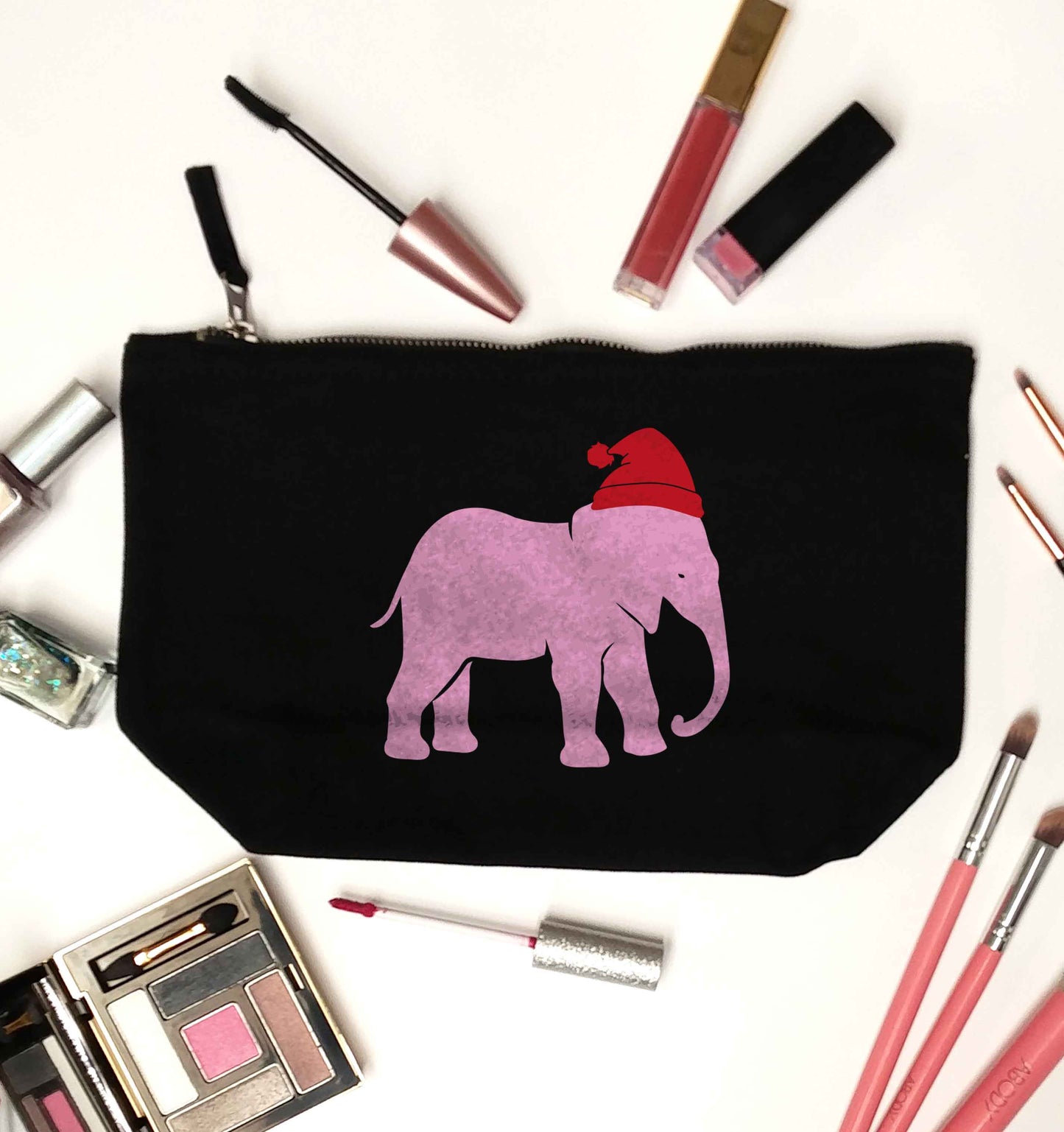 Pink elephant Santa black makeup bag