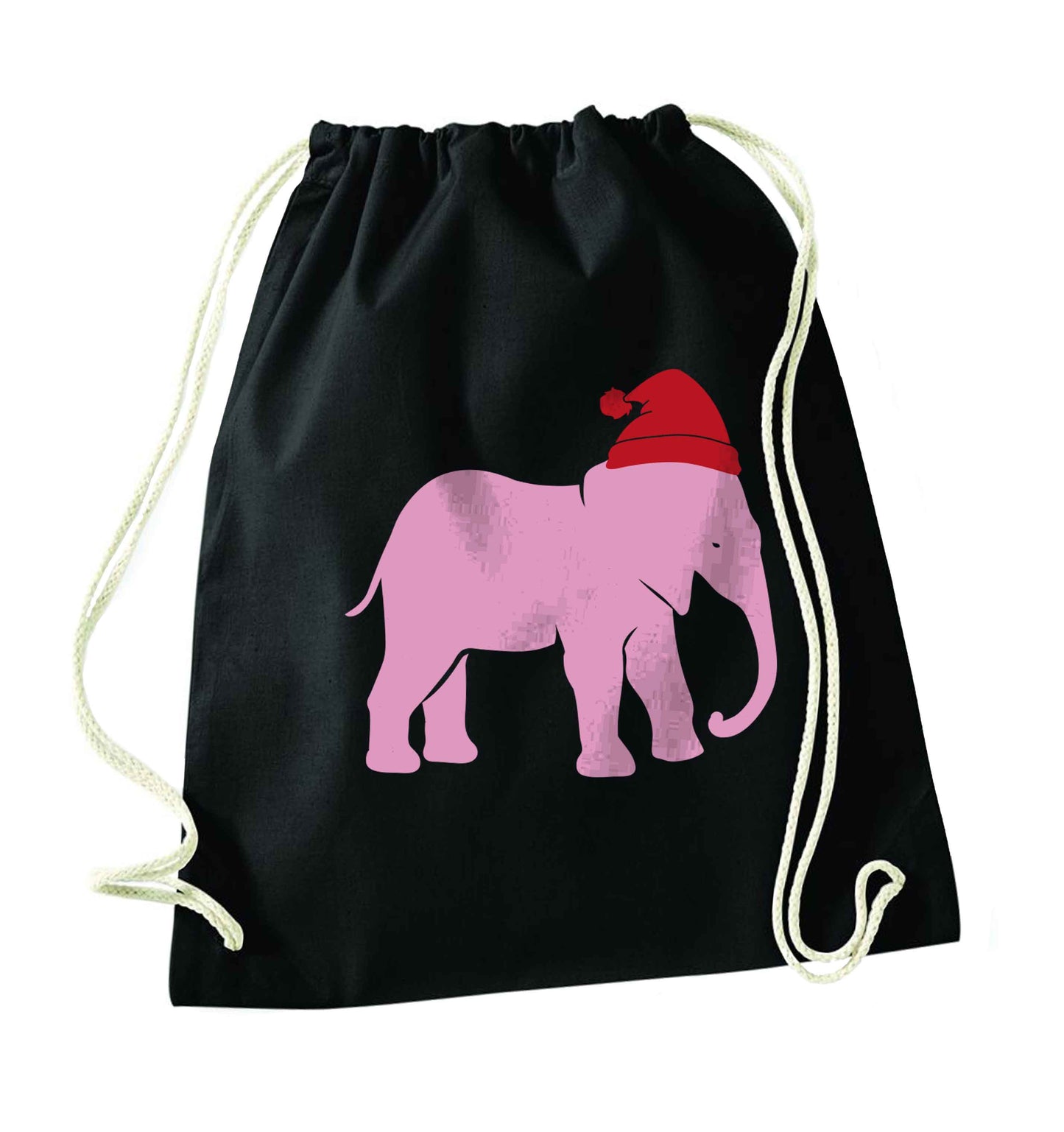 Pink elephant Santa black drawstring bag