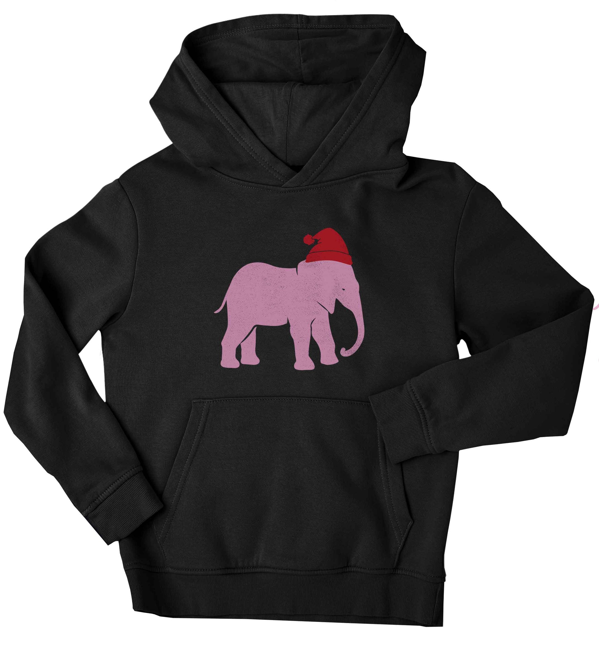 Pink elephant Santa children's black hoodie 12-13 Years