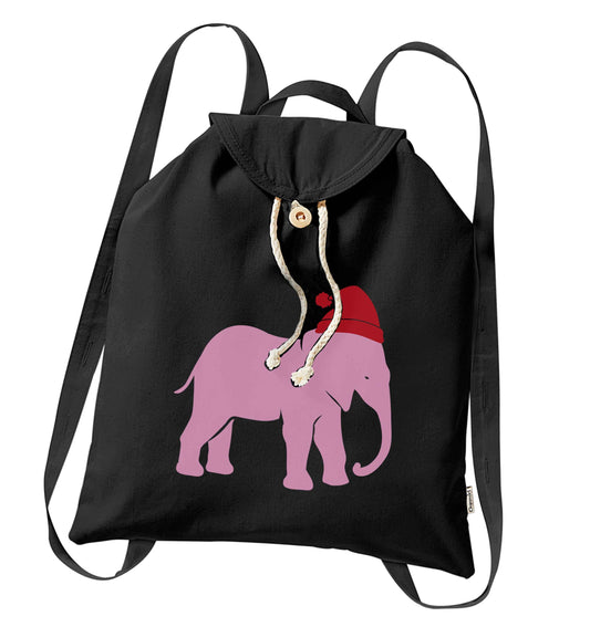 Pink elephant Santa organic cotton backpack tote with wooden buttons in black