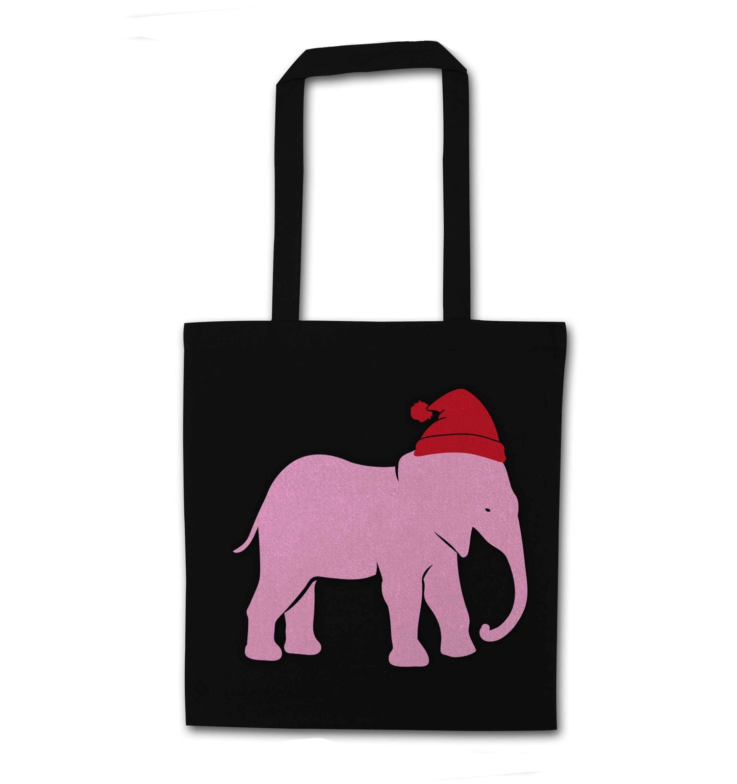 Pink elephant Santa black tote bag
