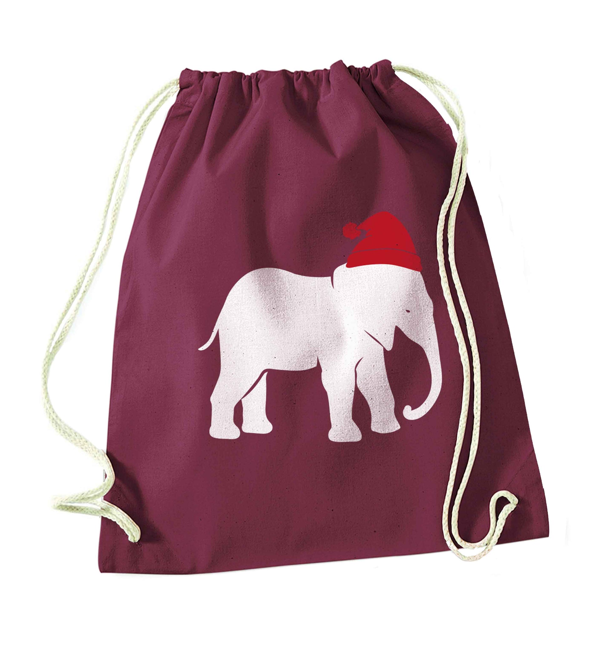 Pink elephant Santa maroon drawstring bag