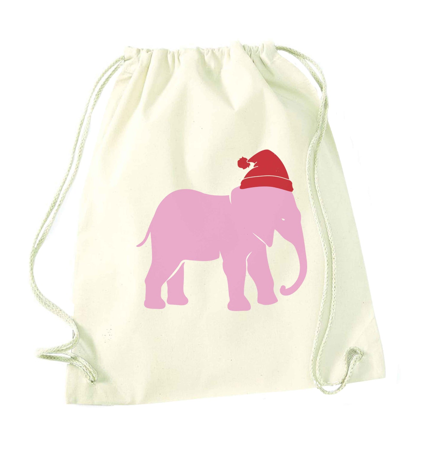 Pink elephant Santa natural drawstring bag