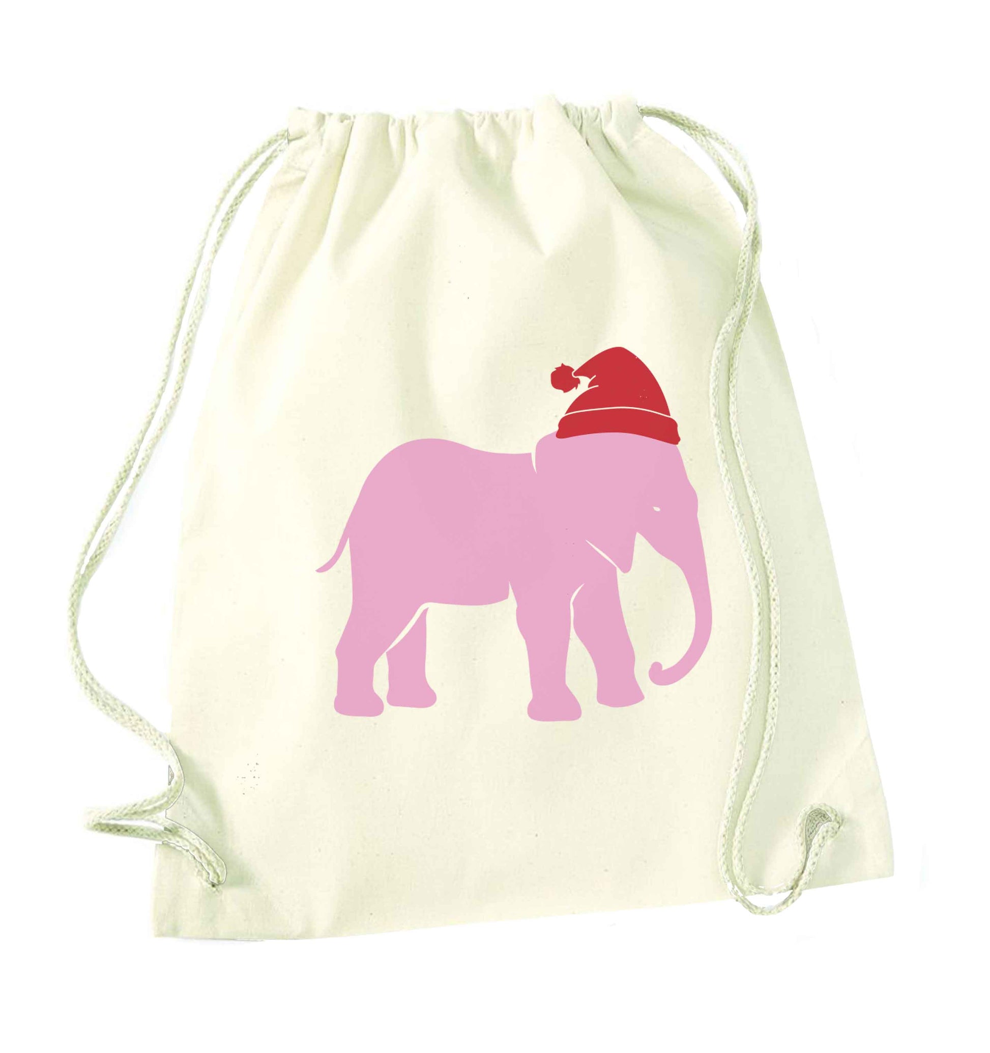 Pink elephant Santa natural drawstring bag