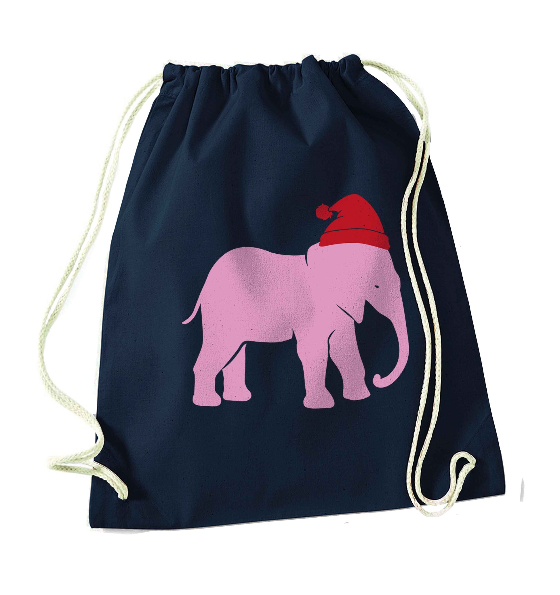 Pink elephant Santa navy drawstring bag