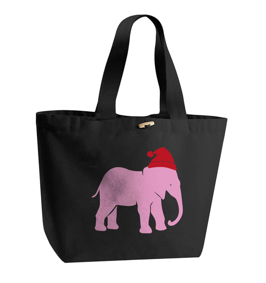 Pink elephant Santa organic cotton premium tote bag with wooden toggle in black