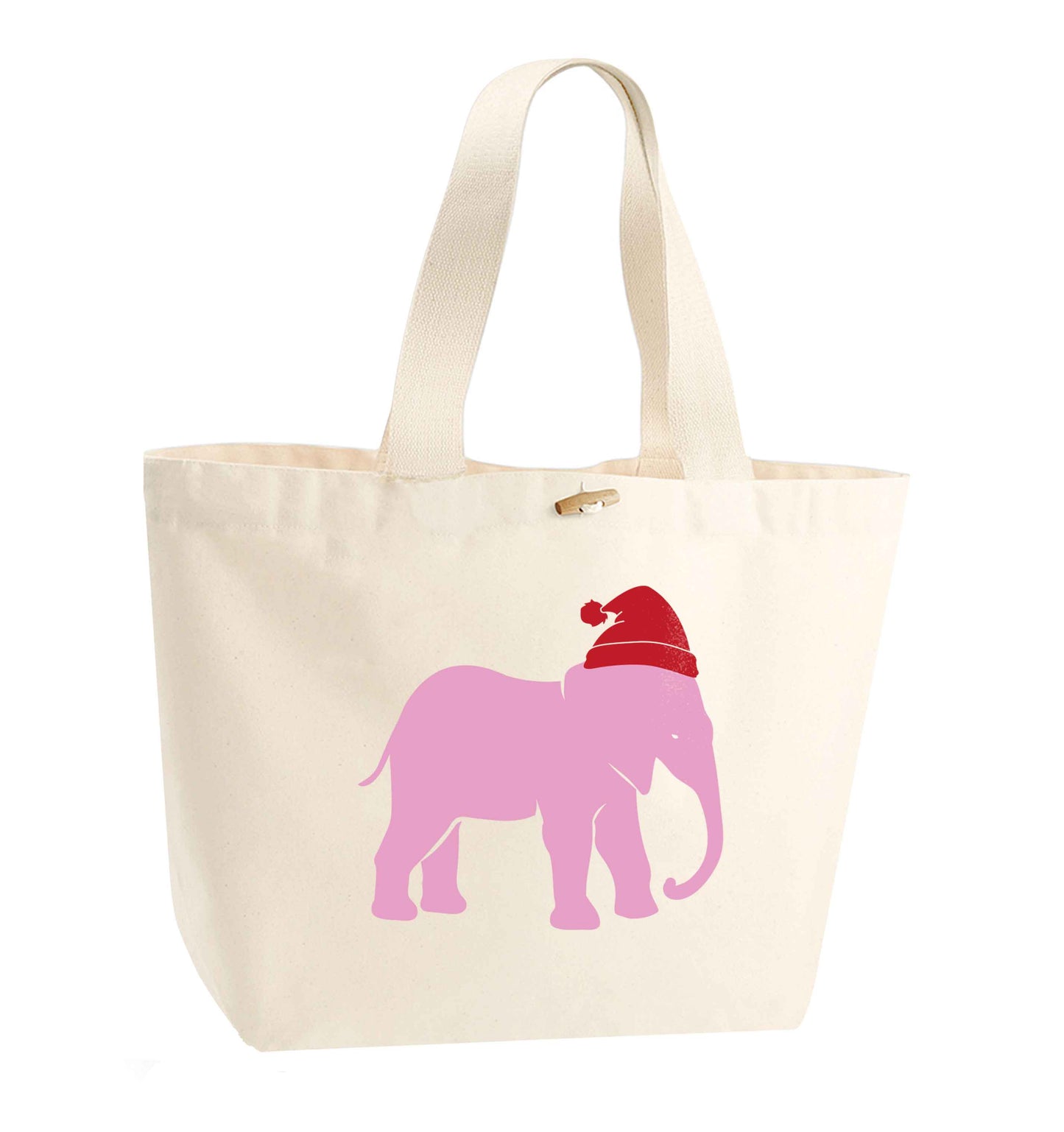 Pink elephant Santa organic cotton premium tote bag with wooden toggle in natural