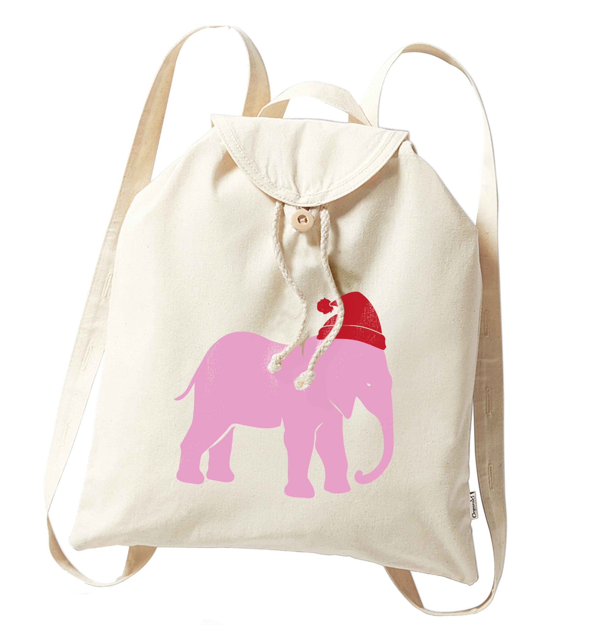 Pink elephant Santa organic cotton backpack tote with wooden buttons in natural