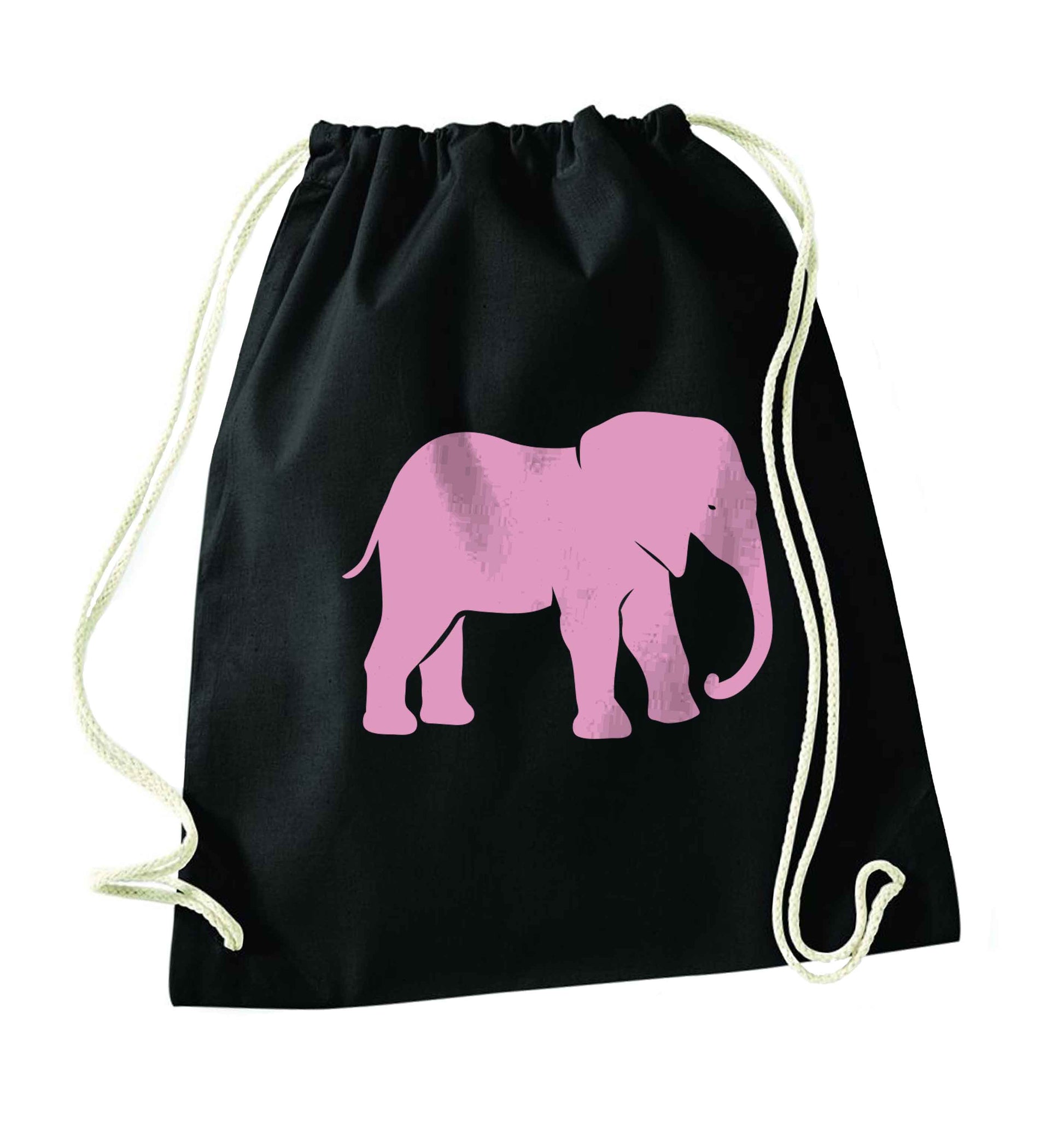 Pink elephant black drawstring bag