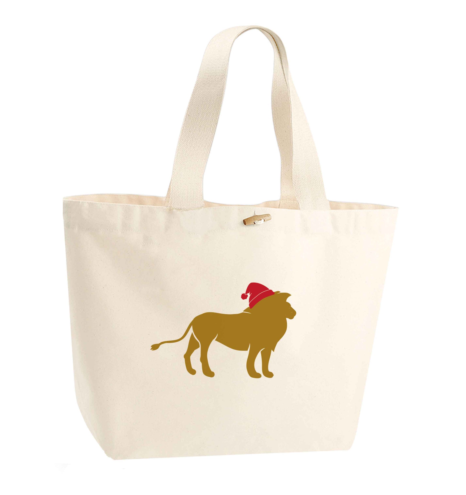 Gold lion santa organic cotton premium tote bag with wooden toggle in natural
