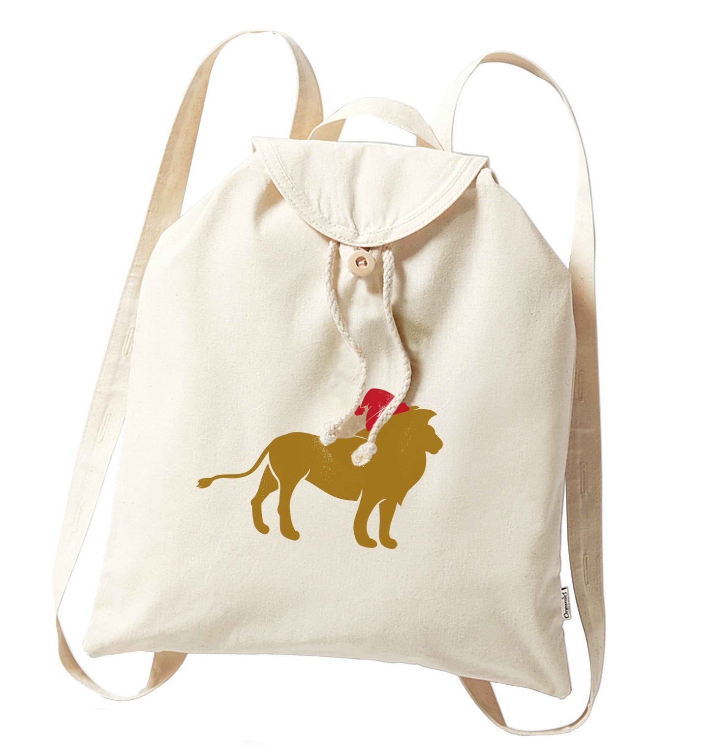 Gold lion santa organic cotton backpack tote with wooden buttons in natural