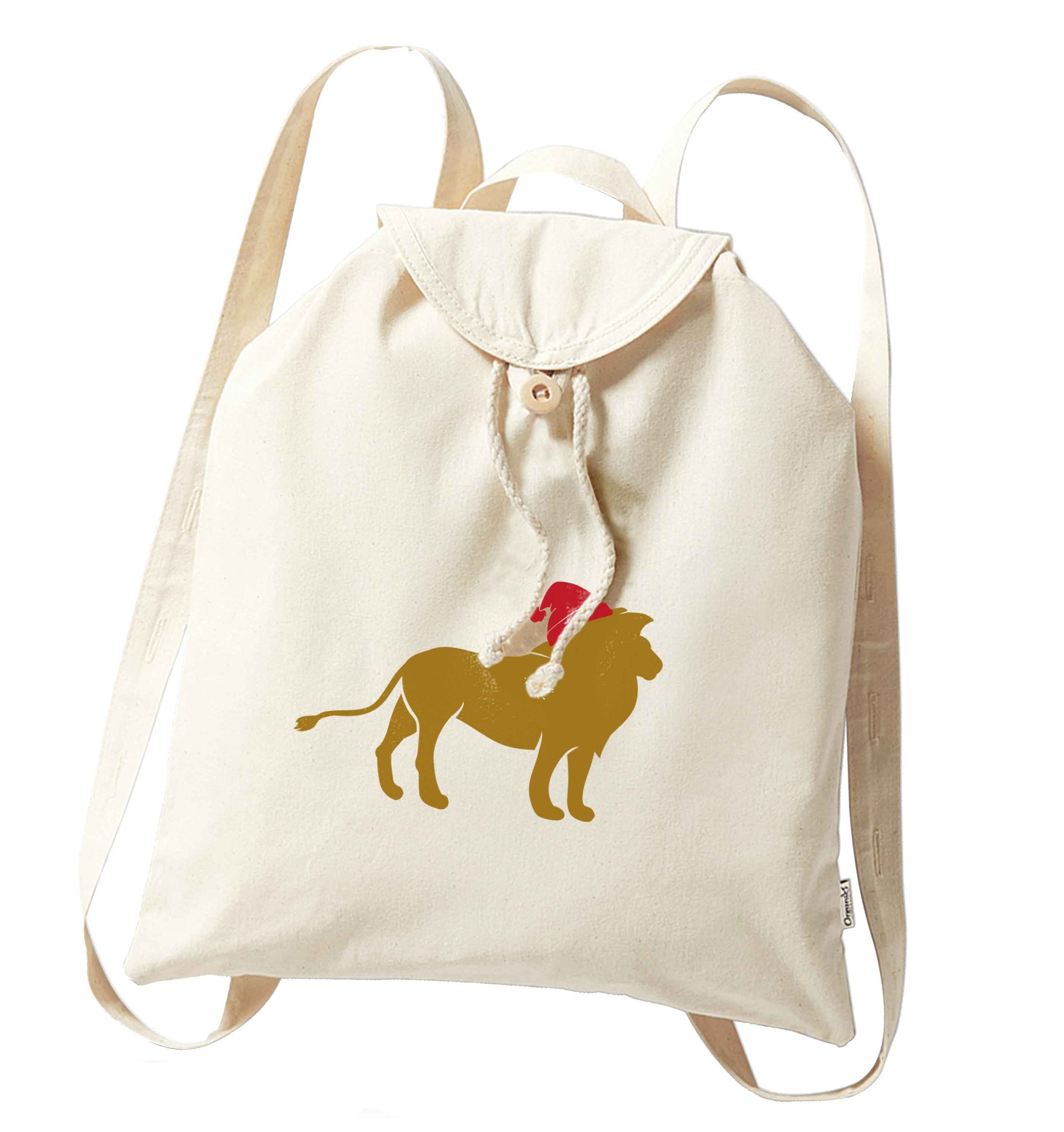 Gold lion santa organic cotton backpack tote with wooden buttons in natural