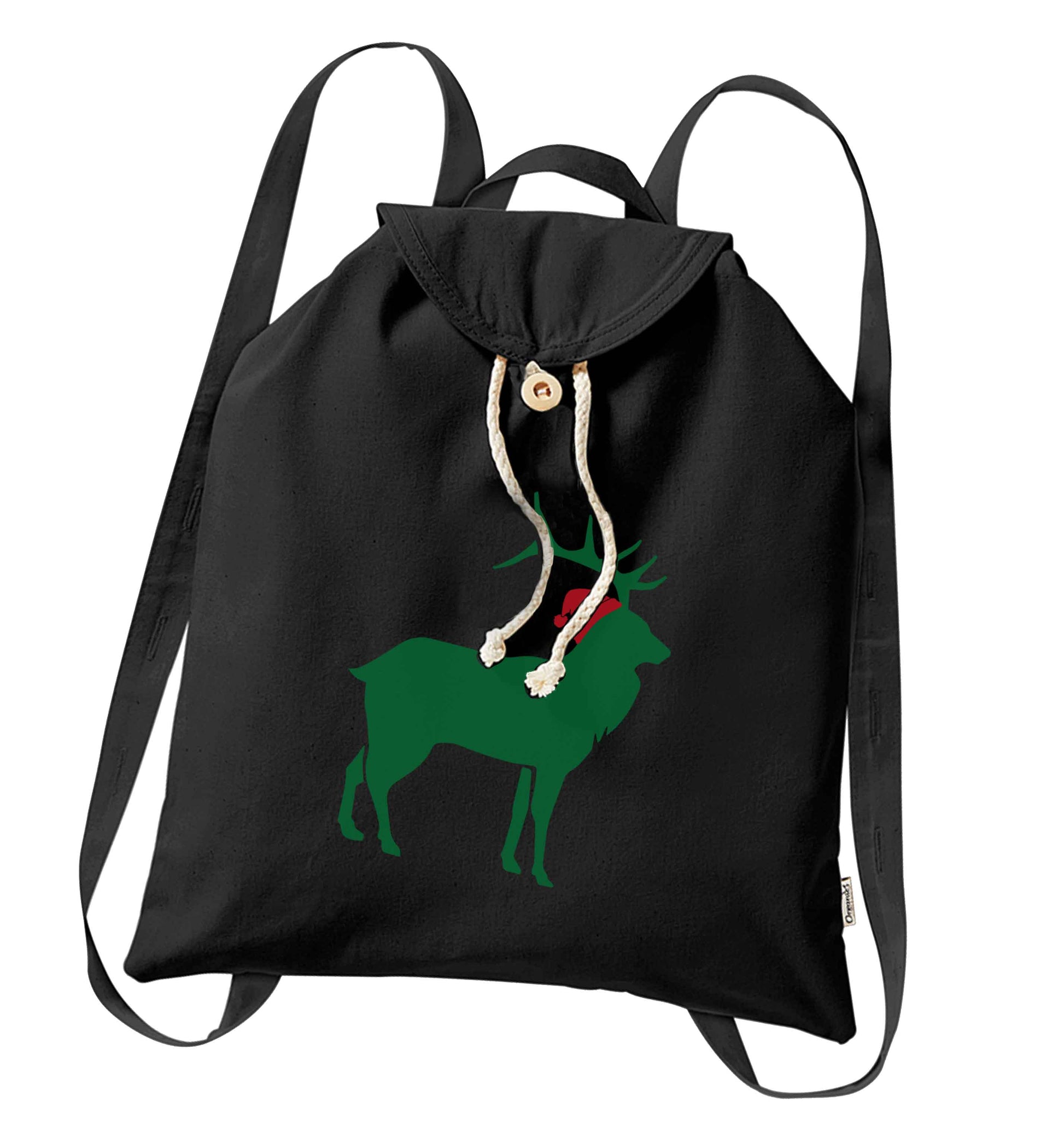 Green stag Santa organic cotton backpack tote with wooden buttons in black