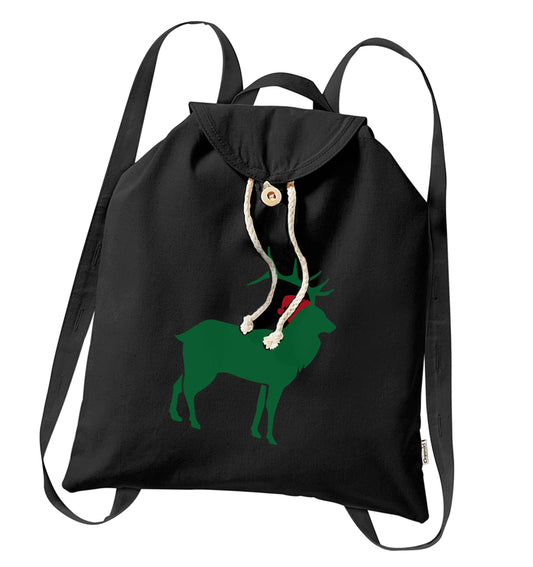 Green stag Santa organic cotton backpack tote with wooden buttons in black