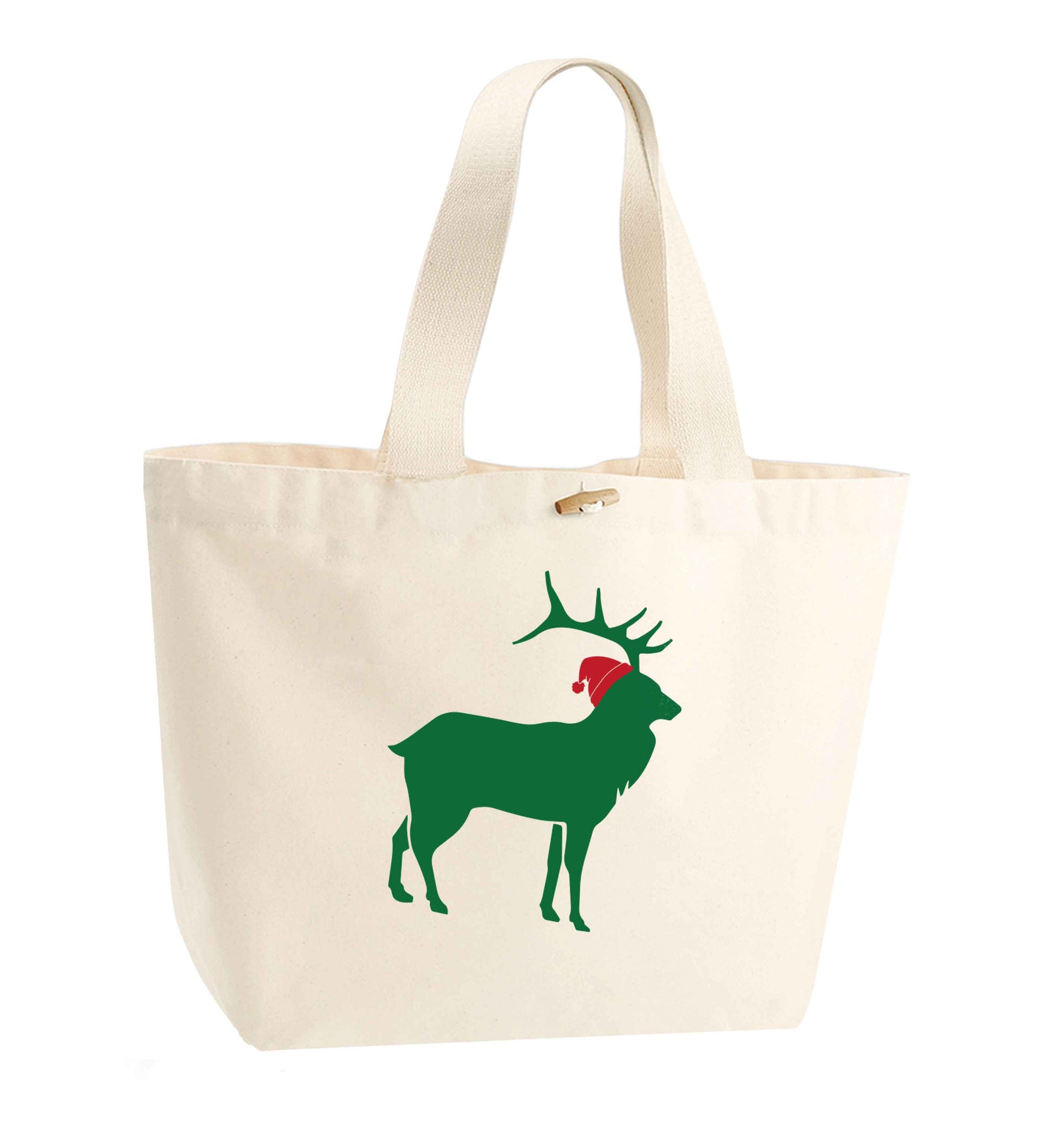 Green stag Santa organic cotton premium tote bag with wooden toggle in natural