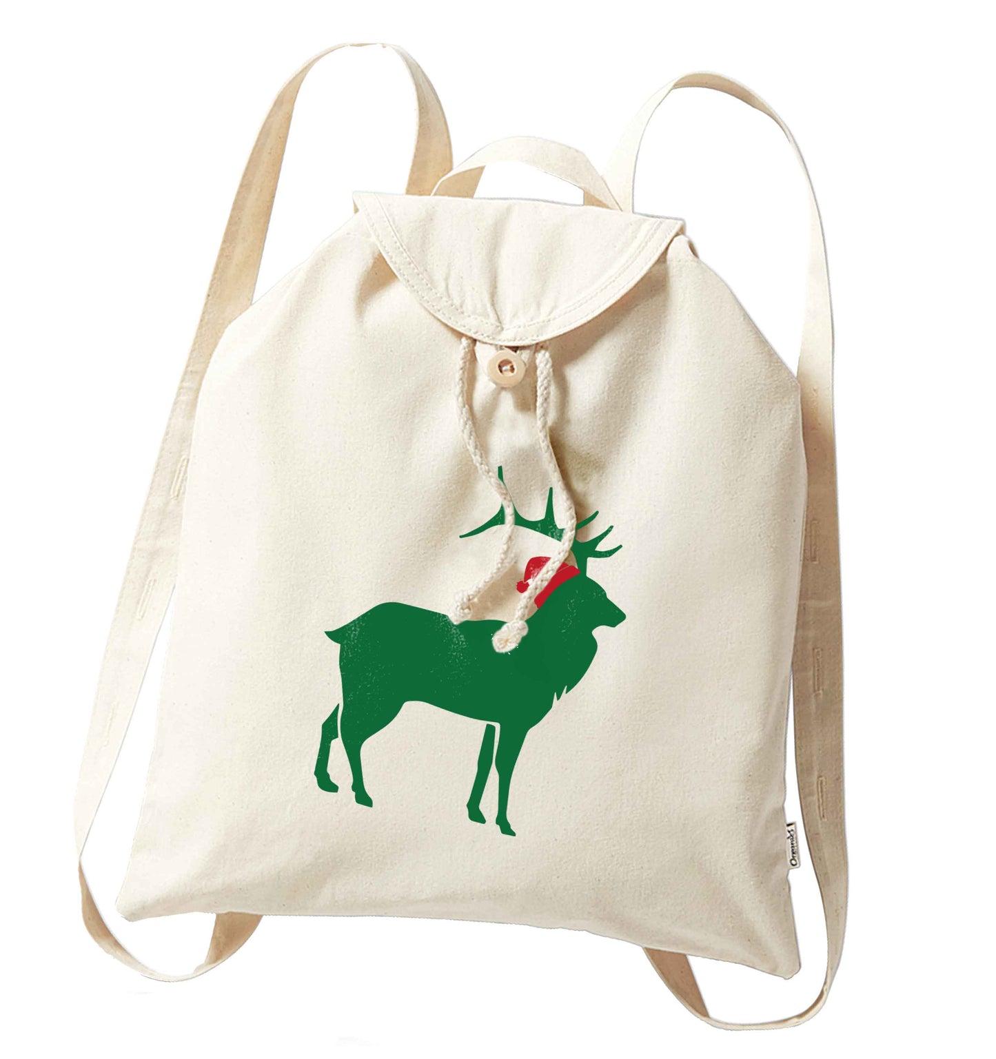 Green stag Santa organic cotton backpack tote with wooden buttons in natural
