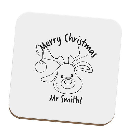 Personalised reindeer teacher merry Christmas set of four coasters