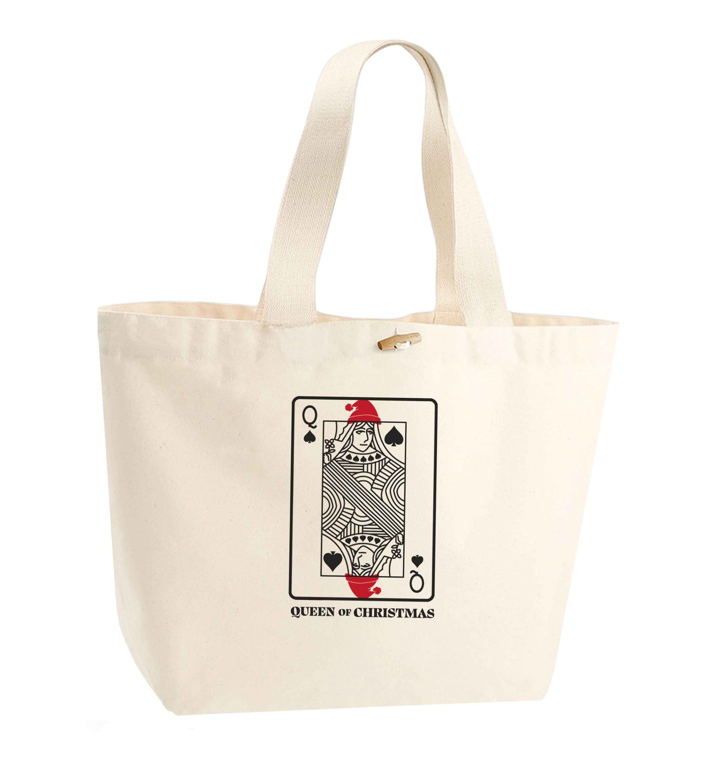 Queen of christmas organic cotton premium tote bag with wooden toggle in natural