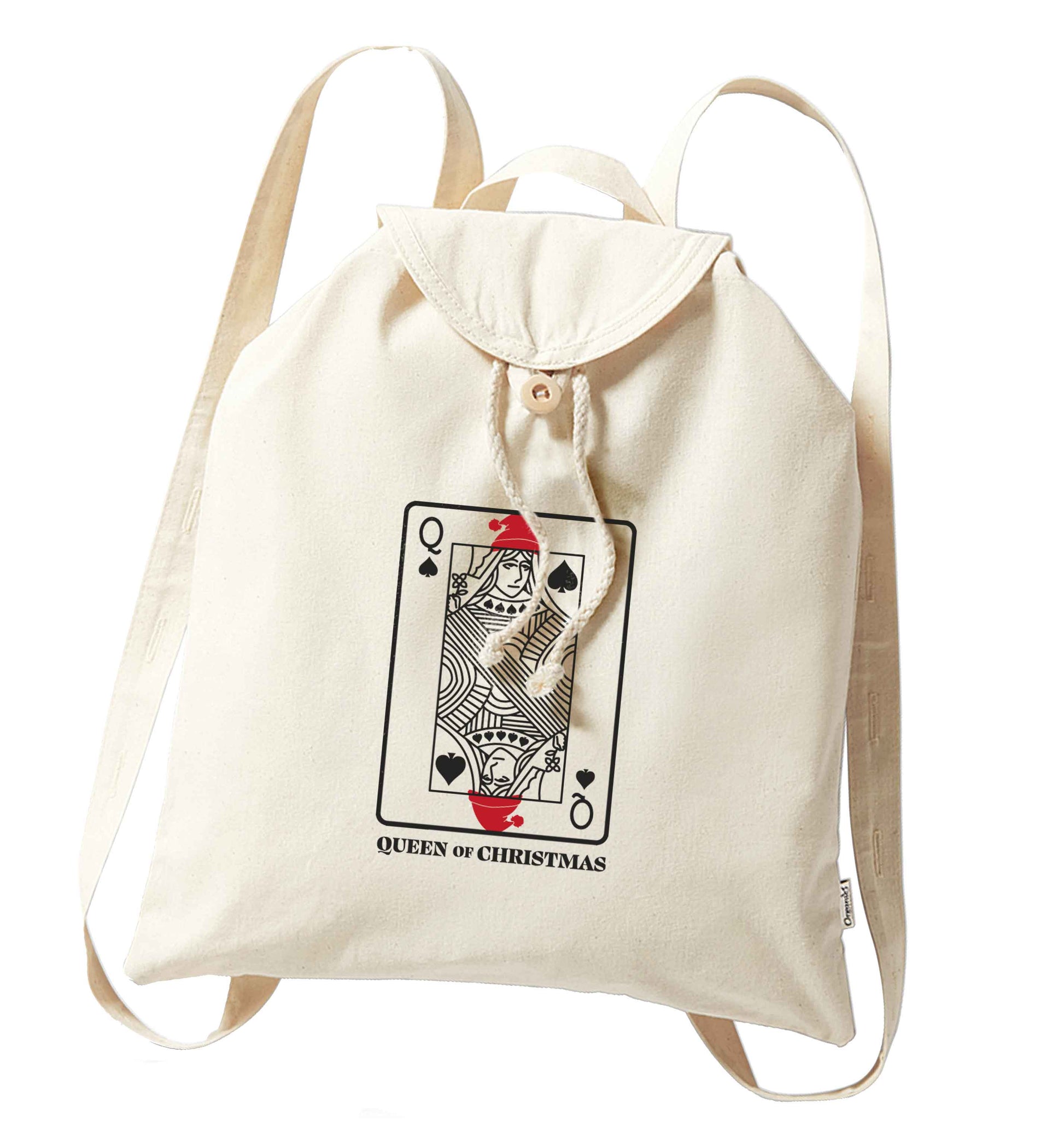 Queen of christmas organic cotton backpack tote with wooden buttons in natural