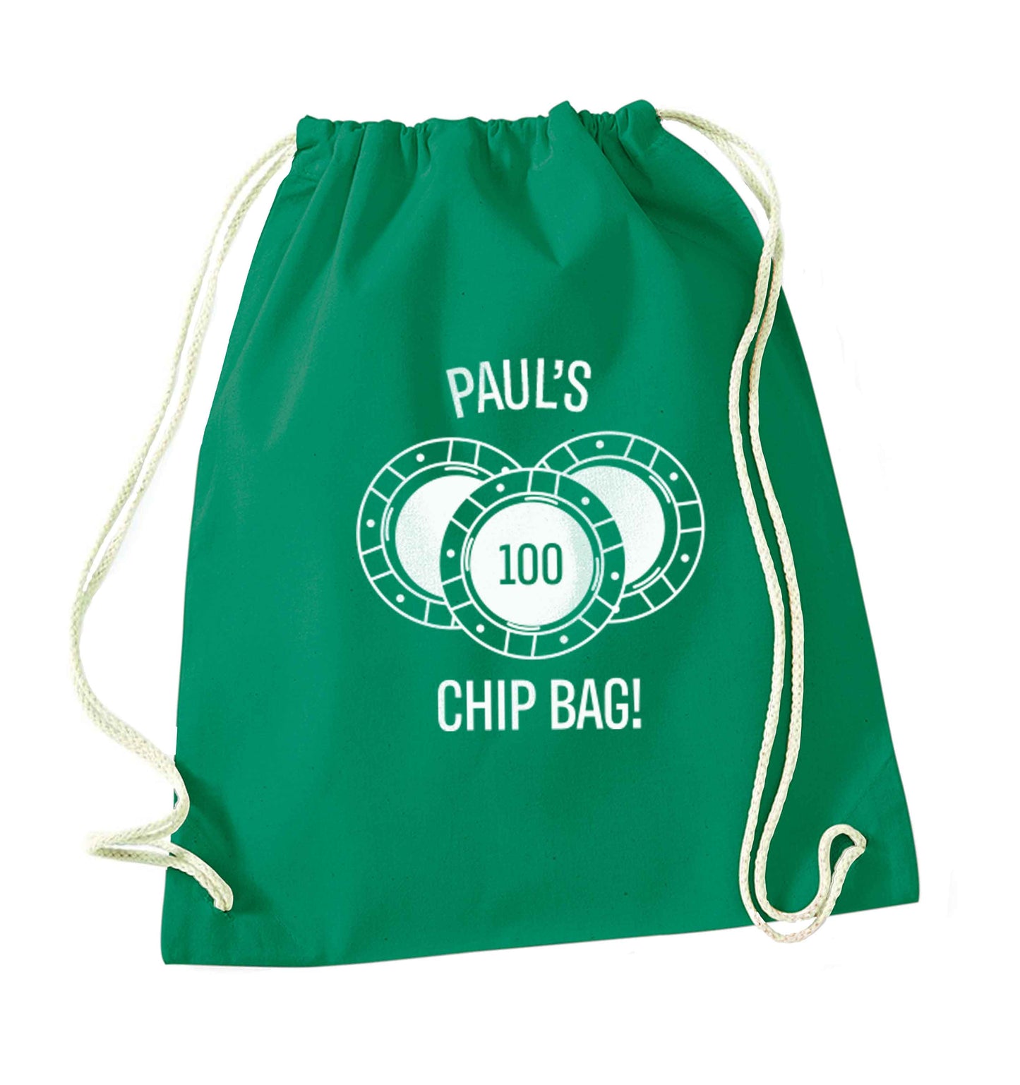 Personalised poker chip bag green drawstring bag