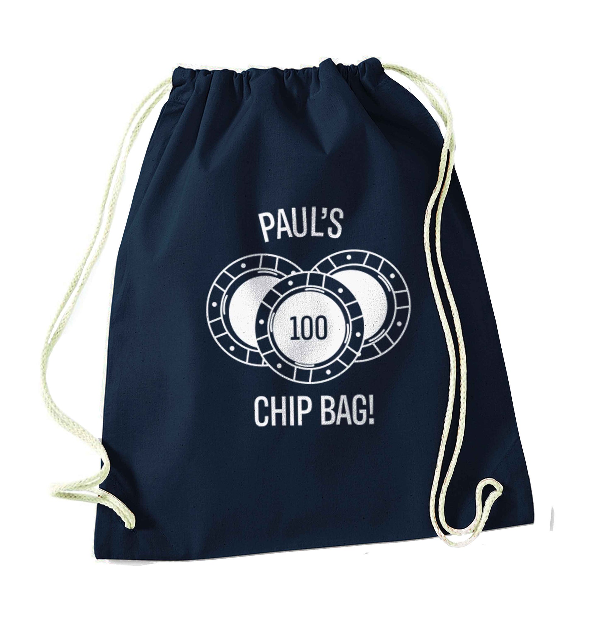Personalised poker chip bag navy drawstring bag