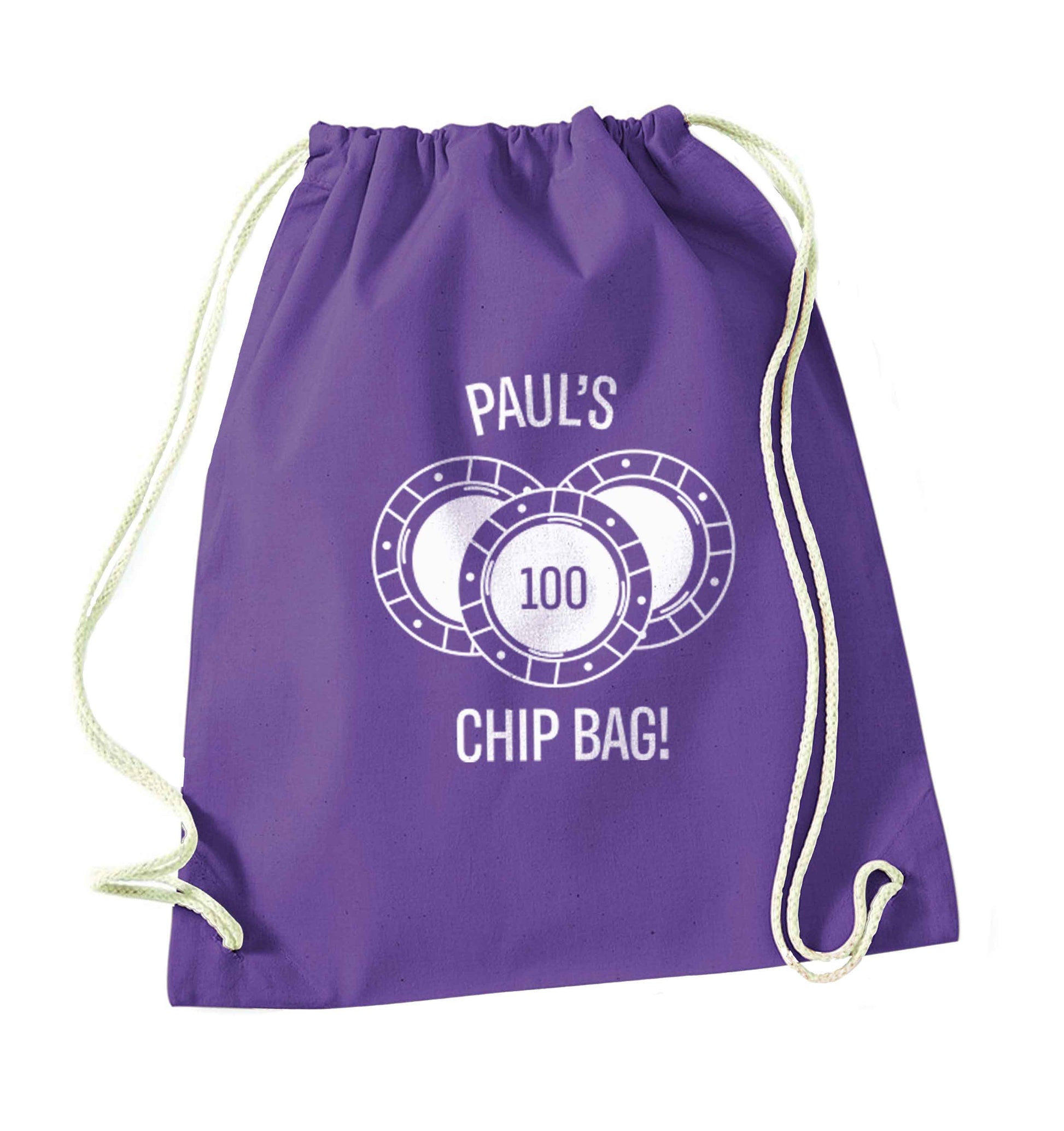Personalised poker chip bag purple drawstring bag